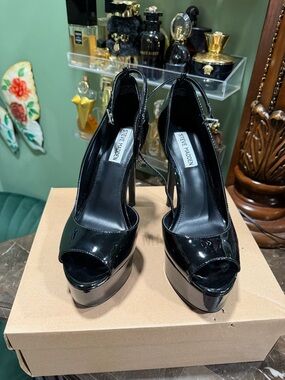 Steve Madden Black Patent Peep-Toe Platform Heels with Ankle Strap